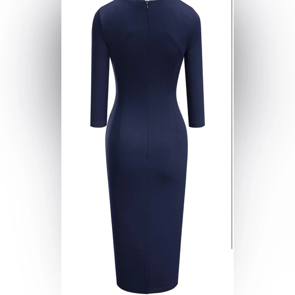 HOMEEYE Navy Blue Ruched Sheath Dress Large 3/4 Sleeve Bodycon Work EXCELLENT - Picture 5 of 13